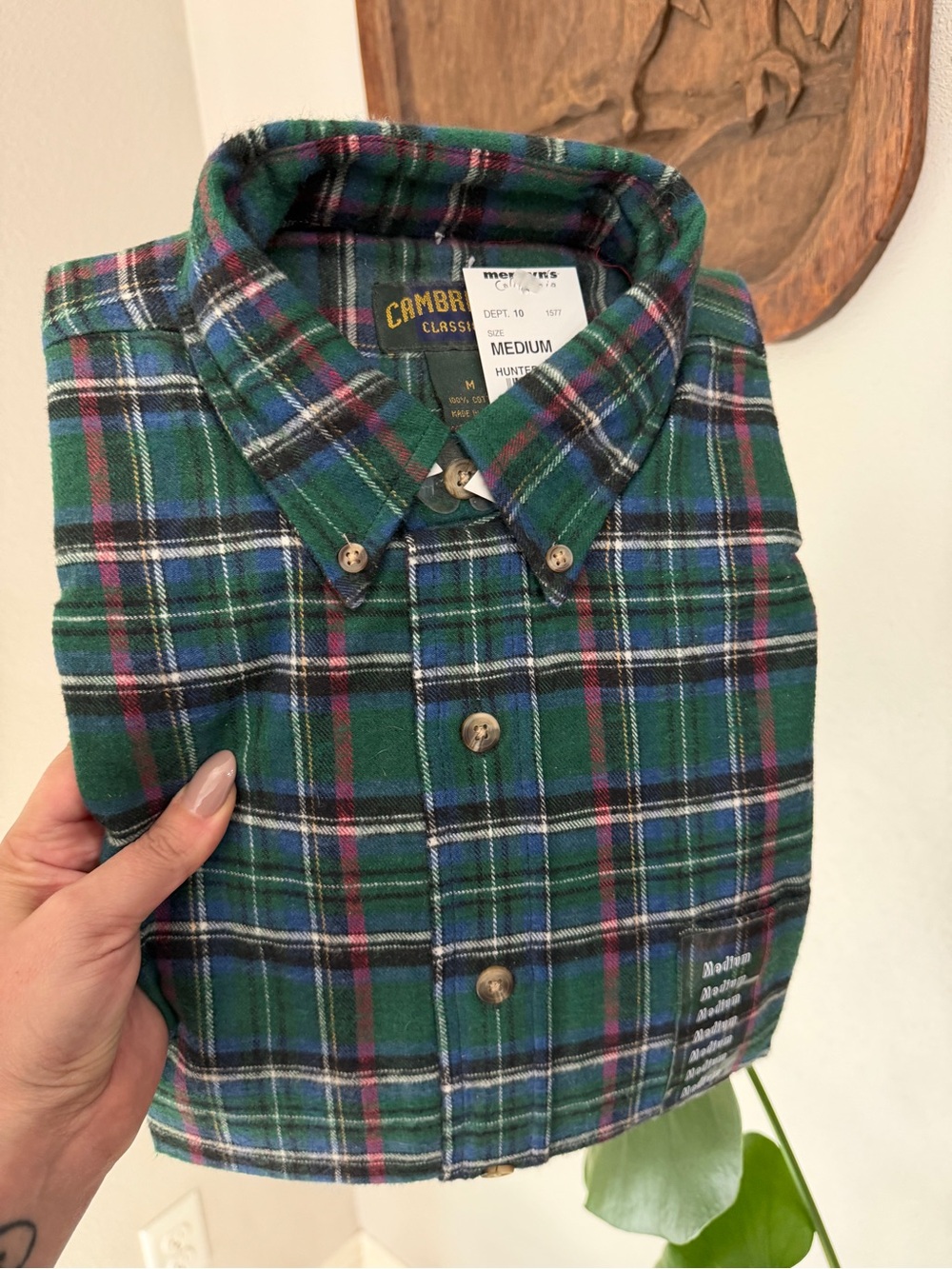 Cambridge Classics Men’s Medium Flannel Shirt Green Blue Plaid New With Tags
